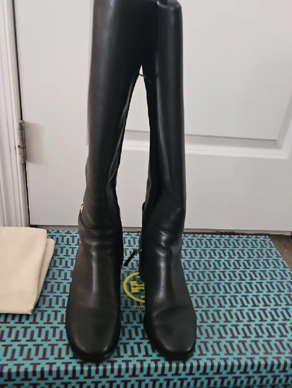 Tory Burch Black Leather Over-the-Knee Boots with Gold Logo Buckle